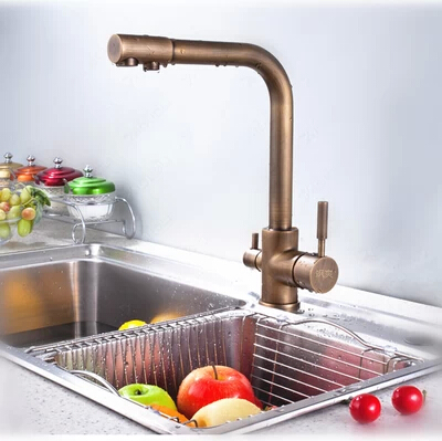 Fini laiton antique Un trou de deux poignées de cuisine multifonction mixte traité l'eau du robinet TP3301B